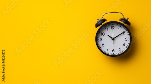 Photo of a clock on a yellow background, symbolizing time management for work and study. Web banner with copy space on the right.