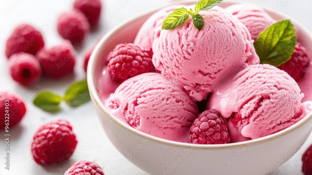 Delicious Raspberry Ice Cream in a White Bowl with Fresh Raspberries and Mint Leaves on a Light Background Delicious Raspberry Ice Cream in a White Bowl with Fresh Raspberries and Mint Leaves on a Light Background