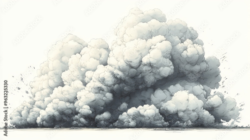 A large, billowing cloud of smoke or dust, drawn in a sketchy style, fills the bottom of the frame against a white background. A large, billowing cloud of smoke or dust, drawn in a sketchy style, fills the bottom of the frame against a white background.