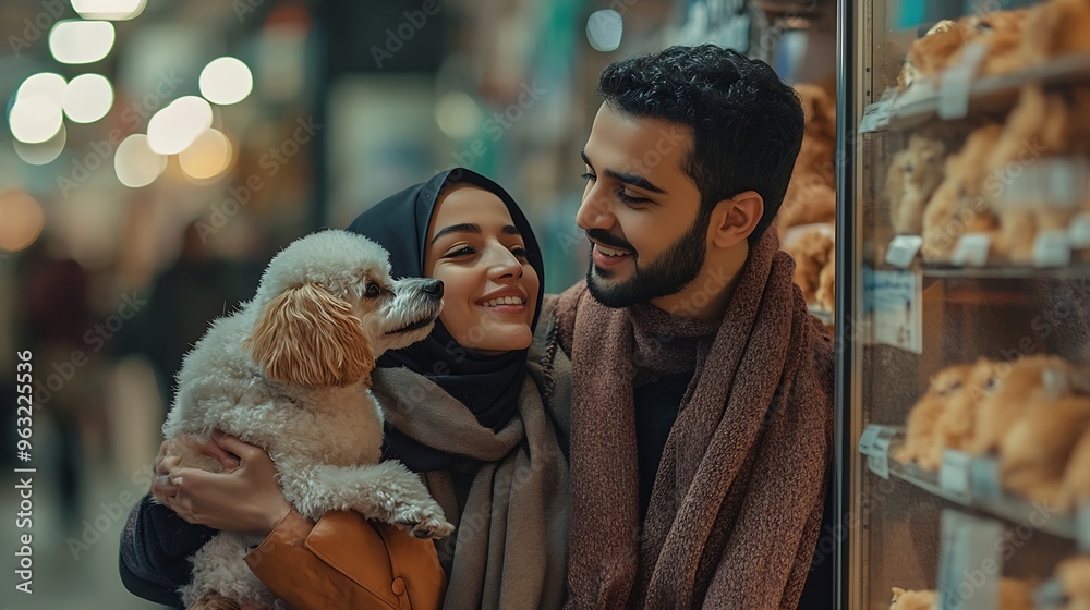 Arabian man pointing at showcase and hugging girlfriend with poodle in pet shop : Generative AI