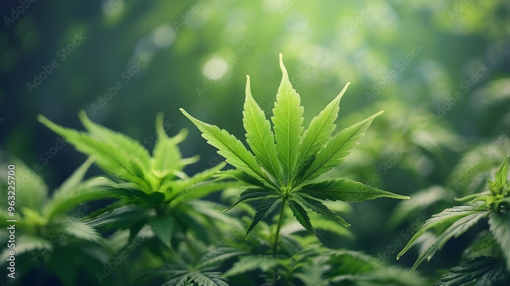 Green cannabis leaves blooming in the outdoors against a blurry background is shown in this generative AI image. Green cannabis leaves blooming in the outdoors against a blurry background is shown in this generative AI image.