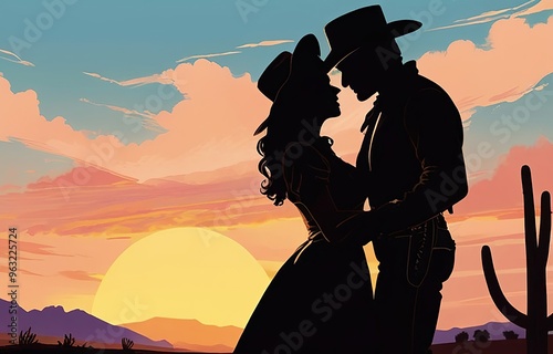 Vintage Old West scene of a cowboy and cowgirl kissing at sunset. Retro romance silhouette of a historical couple in love. Made with generative AI technology