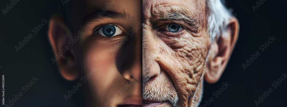 The face is divided into two halves - half young man and half old man. Childhood and old age. Life cycle. One person at different ages. The concept of life cycle. The face is divided into two halves - half young man and half old man. Childhood and old age. Life cycle. One person at different ages. The concept of life cycle.