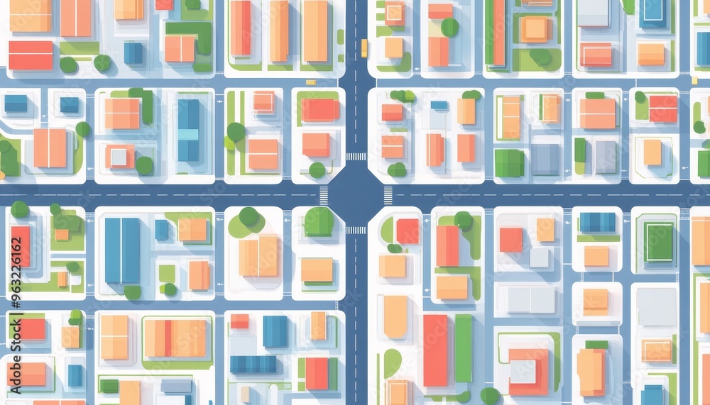 Aerial view of a city with colorful buildings, roads, and trees. Aerial view of a city with colorful buildings, roads, and trees.