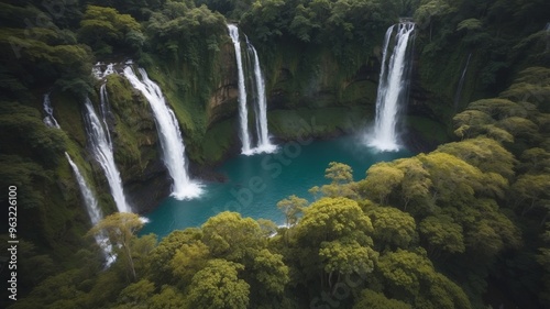 Aerial Drone Captures Picturesque Waterfall in Lush Tropical Forest Landscape.
