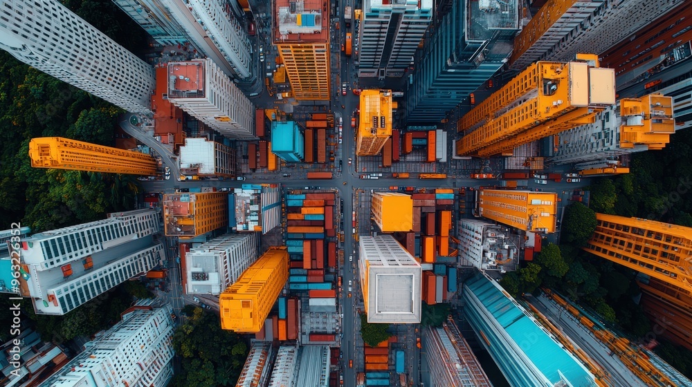 Top-down view of a warehouse in an urban area with high-rise buildings nearby Top-down view of a warehouse in an urban area with high-rise buildings nearby