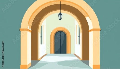 An arched doorway with a hanging lamp leads into a hallway with two windows on either side.