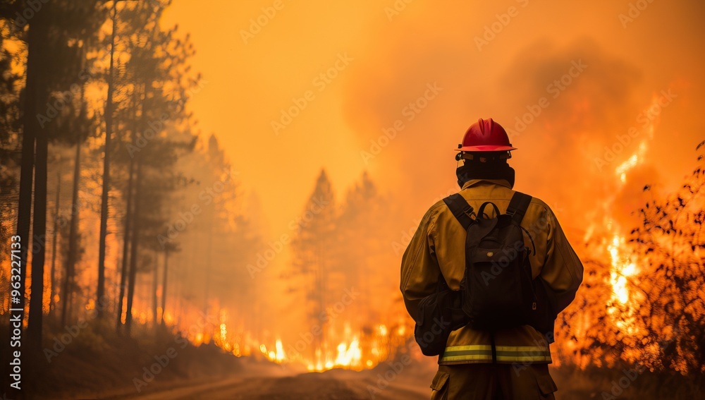 Firefighter stands in front of raging wildfire with burning trees and thick smoke in forest Firefighter stands in front of raging wildfire with burning trees and thick smoke in forest