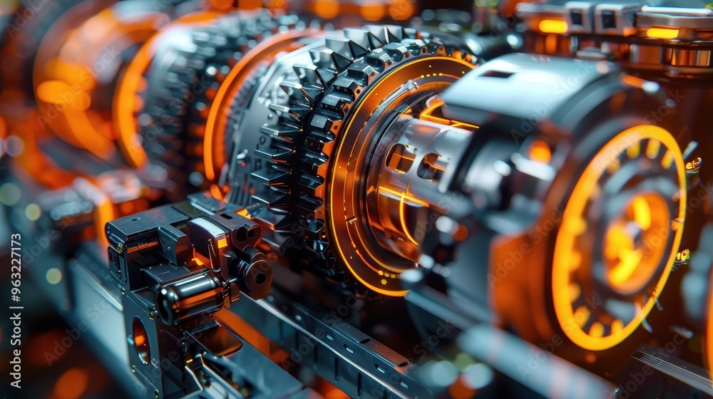 Close up of intricate gears and cogs in a powerful machine, showcasing industrial engineering and automated technology. Close up of intricate gears and cogs in a powerful machine, showcasing industrial engineering and automated technology.