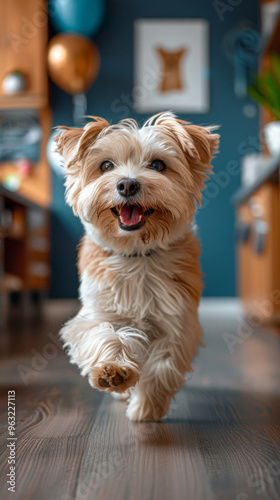 Wallpaper Mural Small fluffy dog joyfully running indoors with a happy expression, wooden floor and colorful background, representing pet-friendly establishments and grooming services for dogs, clean and playful Torontodigital.ca