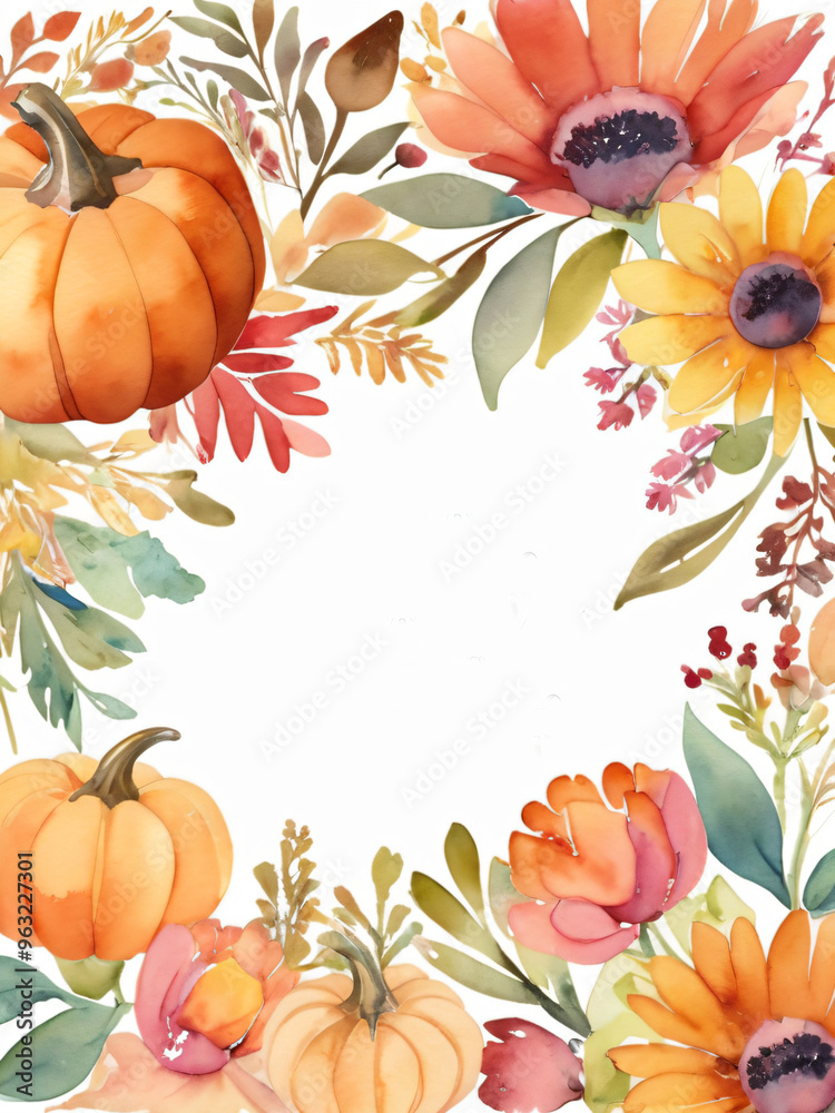 A watercolor Thanksgiving illustration featuring a pumpkin and autumn leaves, perfect for invitations and greeting cards. A watercolor Thanksgiving illustration featuring a pumpkin and autumn leaves, perfect for invitations and greeting cards.