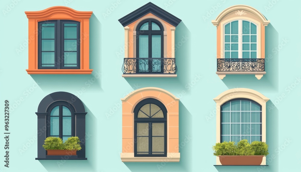 Collection of six different window designs with various colors and styles. Collection of six different window designs with various colors and styles.