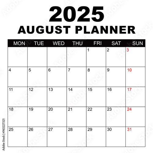 August 2025 Calendar. Week starts on Monday. Blank Calendar Template. Fits Letter Size Page. Stationery Design. Simple set calendar 2025. Monthly calendar template. Planner for 2025 year.