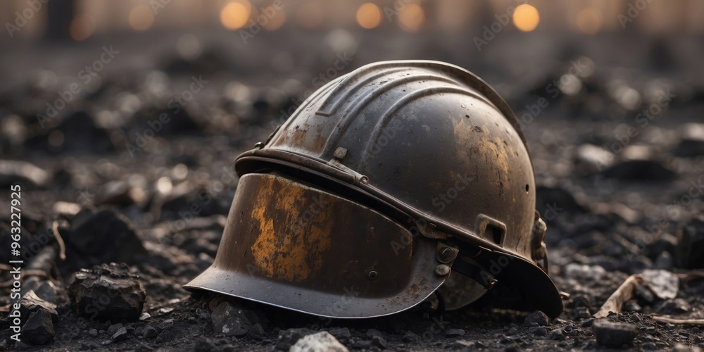 Abandoned worker's helmet on charred ground amidst smoldering ashes. Abandoned worker's helmet on charred ground amidst smoldering ashes.