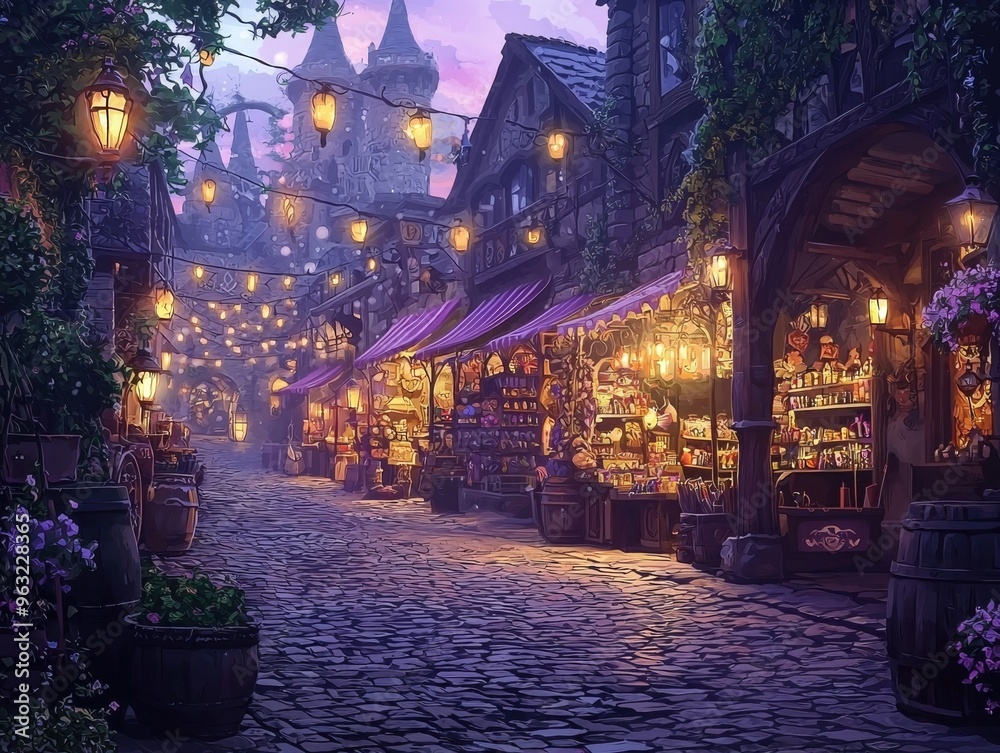 Fototapeta premium Enchanting Fantasy Market Square Illuminated at Dusk with Charming Shops and Stalls