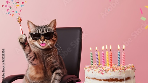 A cat in sunglasses with a birthday cake and confetti.