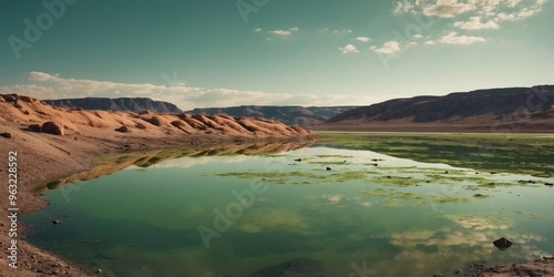 A barren wasteland with a toxic lake reflecting a sickly green sky. photo