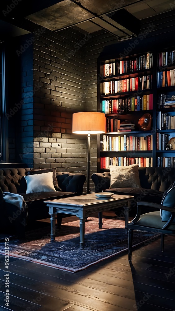 Black brick room interior design with lamp Black brick room interior design with lamp