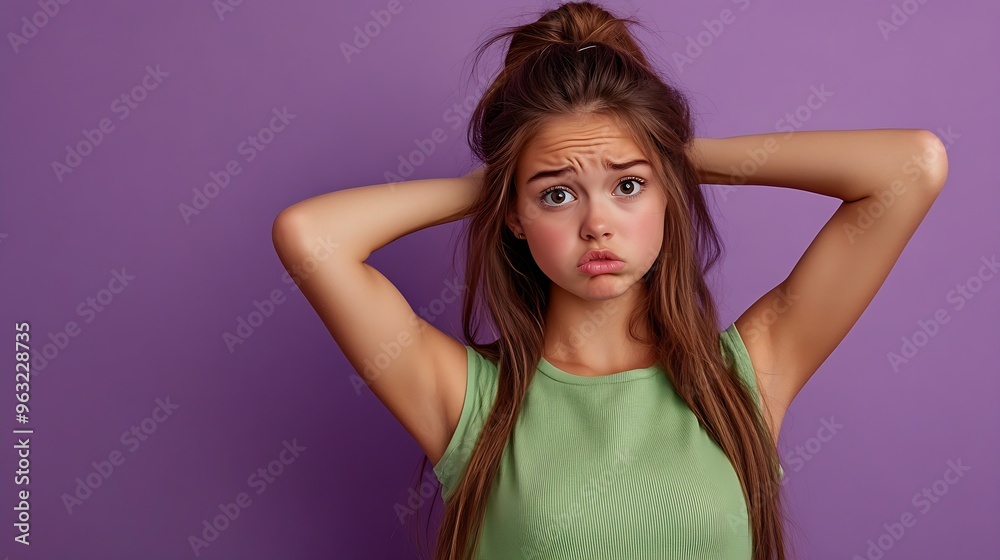 Photo portrait of pretty teen girl look camera scared angry face wear trendy green outfit isolated on purple color background : Generative AI Photo portrait of pretty teen girl look camera scared angry face wear trendy green outfit isolated on purple color background : Generative AI