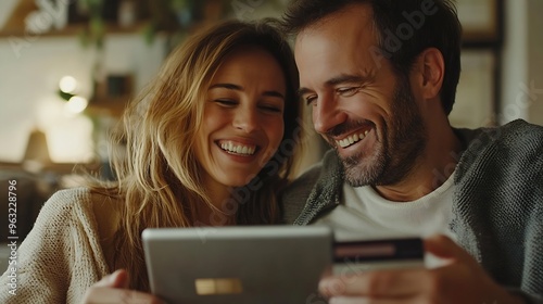 Laughing tablet or happy couple with credit card in home for ecommerce sale fintech web or order choice Funny joke easy payment or people with financial app online shopping or internet : Generative AI