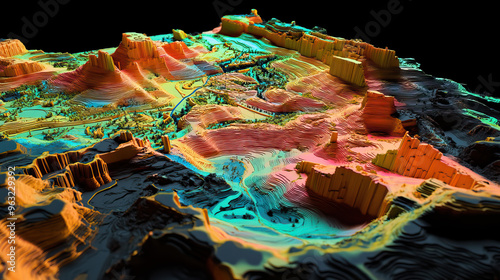 Technical aerial visual, 3D LiDAR GIS aerial map satellite scan model isolated, showing Semey, Kazakhstan . Elevation, topography, render photo