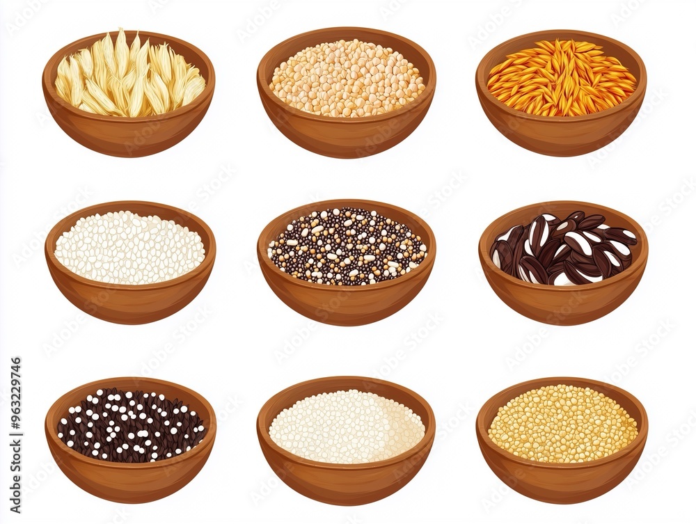 Assorted Grains and Seeds in Wooden Bowls Assorted Grains and Seeds in Wooden Bowls