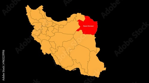 Razavi Khorasan map animated video. Location is highlighted on the Iran map. Color with a transparent PNG background in video format.	