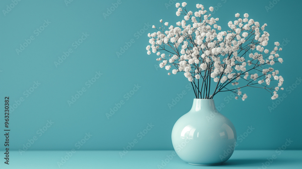 White baby’s breath flowers in a turquoise vase against a blue background White baby’s breath flowers in a turquoise vase against a blue background