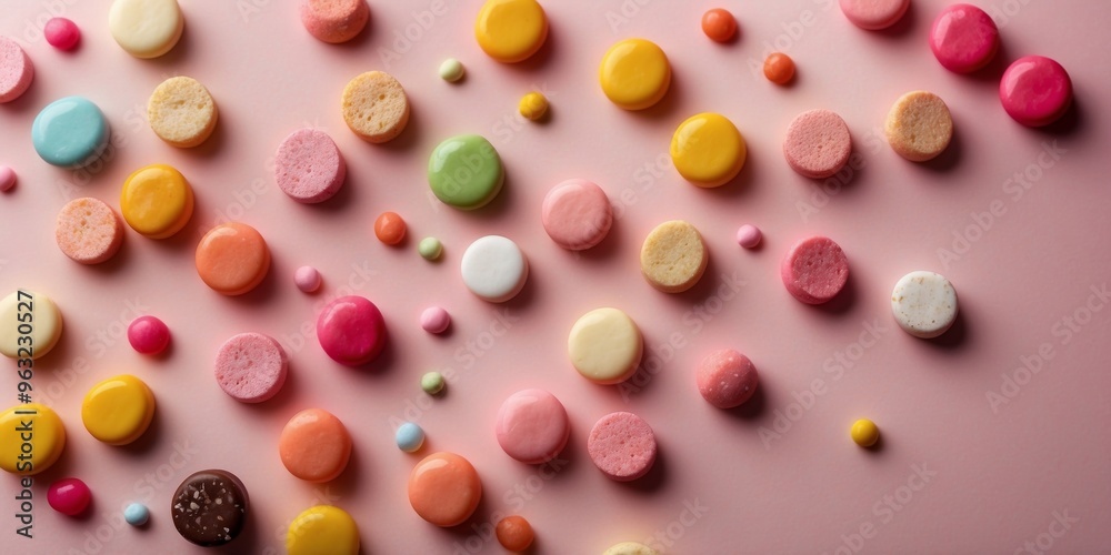 sweets and candies on pink background top view. sweets and candies on pink background top view.