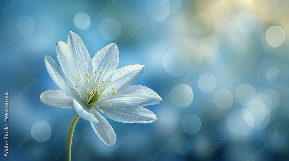 Delicate white flower with soft bokeh against a serene blue background Delicate white flower with soft bokeh against a serene blue background