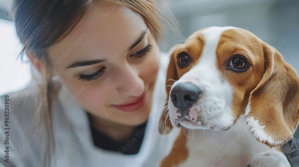 Pet Grooming Female Employee at local Pet Shop drying Dog Beagle with Dryer : Generative AI Pet Grooming Female Employee at local Pet Shop drying Dog Beagle with Dryer : Generative AI