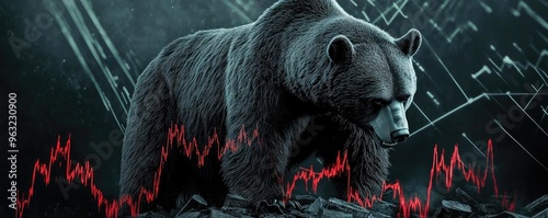 A powerful bear standing against a backdrop of fluctuating stock market graphs, symbolizing market decline and volatility. photo