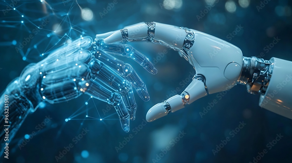 AI Machine learning Hands of robot and human touching on big data ...