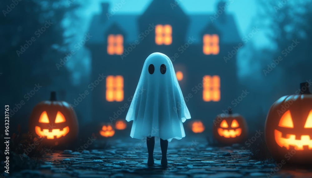 Eerie ghost standing in front of a haunted house, surrounded by glowing Halloween pumpkins during a moonlit night.