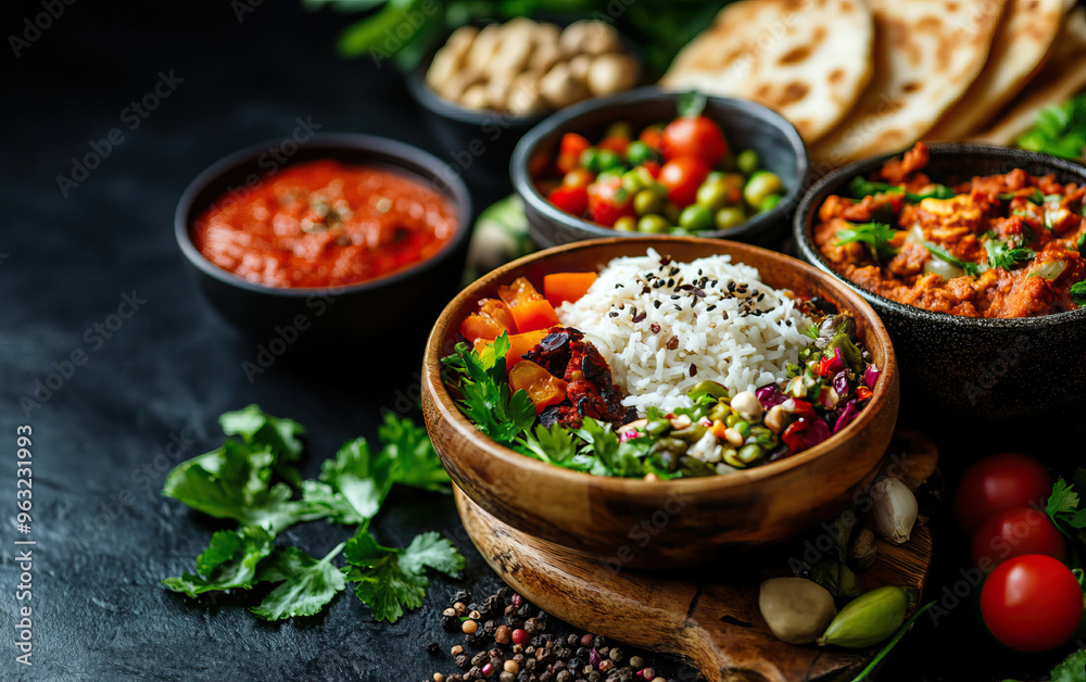 A vibrant assortment of healthy dishes featuring rice, vegetables, sauces, and fresh ingredients arranged in beautifully styled bowls.