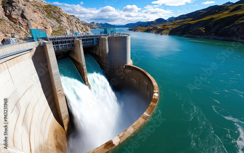 A stunning view of a dam releasing water into a turquoise river, surrounded by mountains and a clear blue sky.