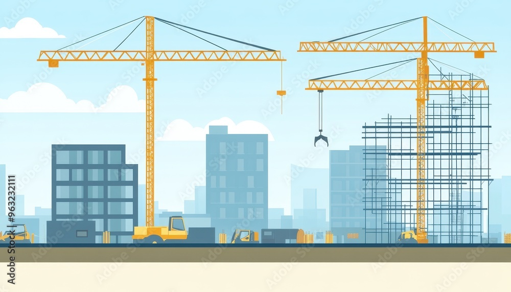 Two construction cranes lift building materials against a backdrop of a city skyline. Two construction cranes lift building materials against a backdrop of a city skyline.