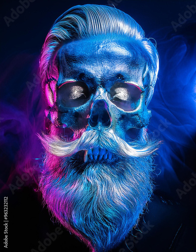 calavera de Hipster terrorífica con barba con iluminación violeta y azul