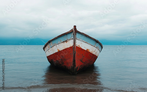 A vintage boat resting calmly on a serene lake, surrounded by soft clouds and tranquil waters, capturing a moment of peace.