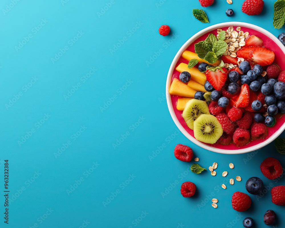 Bright and colorful fruit bowl with berries, kiwi, and mint on a vibrant blue background. A healthy and refreshing snack choice. Bright and colorful fruit bowl with berries, kiwi, and mint on a vibrant blue background. A healthy and refreshing snack choice.