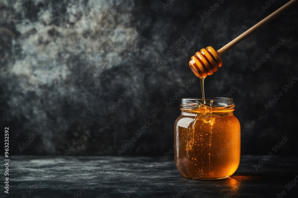 A jar of honey being drizzled with a honey dipper