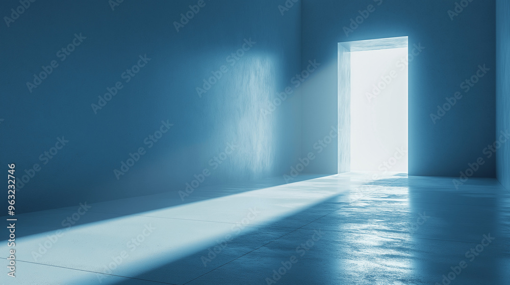 Minimalistic blue room with light streaming through an open door Minimalistic blue room with light streaming through an open door