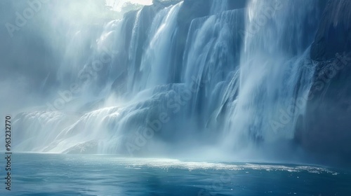 A cascading waterfall's misty veil captured in perfect detail, its reflection shimmering like diamonds