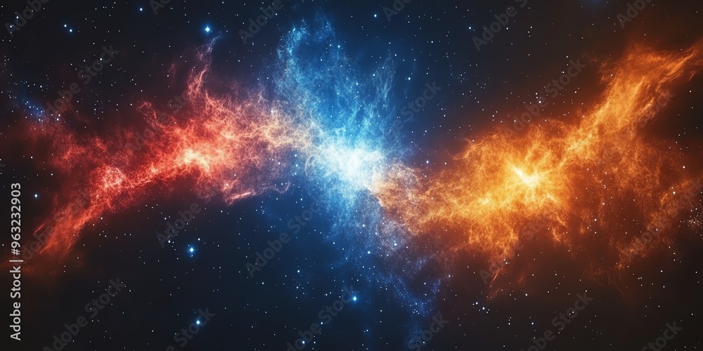 Naklejka premium Cosmic Nebula with Blue and Orange Glowing Clouds.