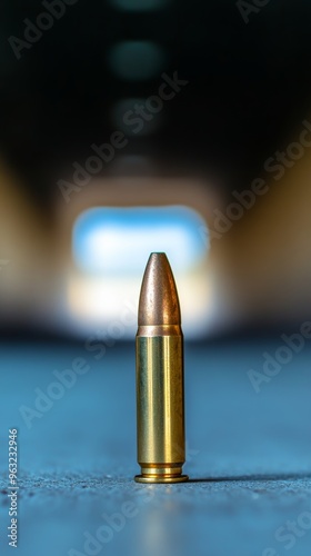 Bullet standing upright on blue surface in