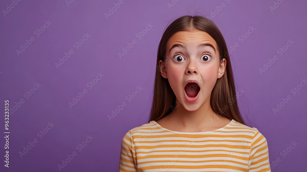 Photo of overjoyed ecstatic schoolgirl with straight hairdo dressed striped top staring at impressive sale isolated on violet background : Generative AI Photo of overjoyed ecstatic schoolgirl with straight hairdo dressed striped top staring at impressive sale isolated on violet background : Generative AI