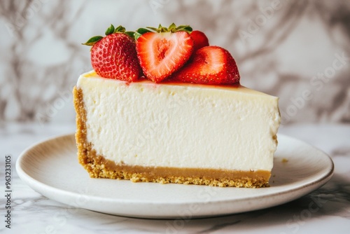 A slice of cheesecake topped with fresh strawberries