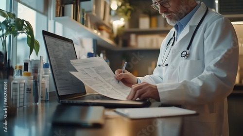 Hands of general practitioner filling paper medical records Doctor in white coat doing paperwork at workplace with laptop writing notes preparing documents reports prescription Close u : Generative AI