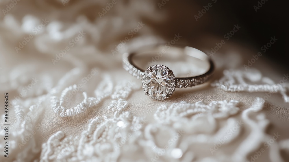 Close-up of a sparkling engagement ring placed delicately on a wedding dress, highlighting elegance and romance. Close-up of a sparkling engagement ring placed delicately on a wedding dress, highlighting elegance and romance.