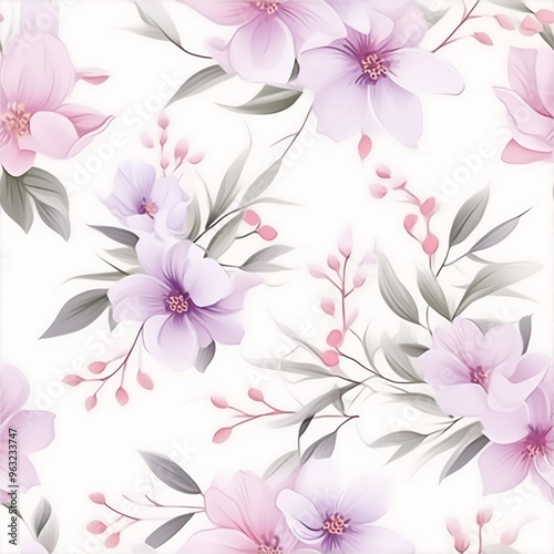 Soft floral pattern with pink and lavender blossoms, elegant botanical design with copy space